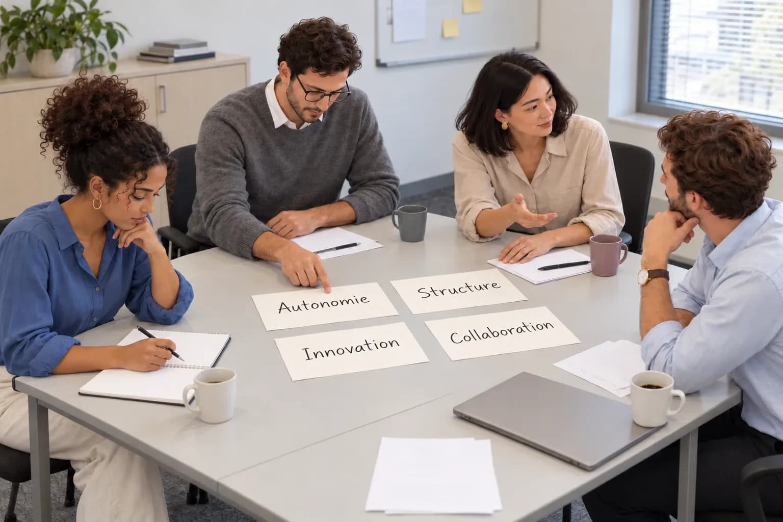 Une équipe autour d’une table de réunion discute de cartes portant les mots Autonomie, Structure, Innovation et Collaboration